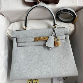 Fake Hermes Kelly Retourne 28 Handmade Bag In Blue Glacier Clemence Leather HMS927L038L