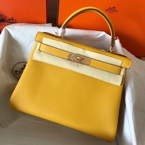 Hermes Kelly Retourne 28 Handmade Bag In Jaune Ambre Clemence Leather Top Replica HMSV56ST0VA