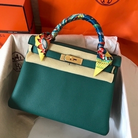 Hermes Kelly Retourne 28 Handmade Bag In Malachite Clemence Leather Replica HMS45409R90