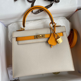 Hermes Kelly Sellier 25 Bicolor Bag in Craie and Yellow Epsom Calfskin HMSLFHM543B