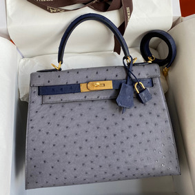 Hermes Kelly Sellier 25 Bicolor Bag in Gris Agate and Blue Ostrich Leather Replica HMS19YE499K
