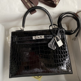 Copy Hermes Kelly Sellier 25 Diamond Bag In Black Crocodile Niloticus Shiny Skin HMS2775UA75