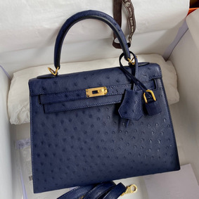 Hermes Kelly Sellier 25 Handmade Bag In Blue Iris Ostrich Leather HMS64C7WANH