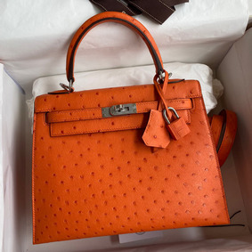 Hermes Kelly Sellier 25 Handmade Bag In Orange Ostrich Leather Replica HMS27AC0601