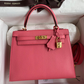Hermes Kelly Sellier 25 Handmade Bag In Rose Lipstick Mysore Goatskin 1:1 Replica HMSQ90F25MR