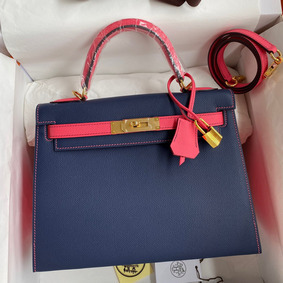 1:1 Replica Hermes Kelly Sellier 28 Bicolor Bag in Blue Saphir and Rose Lipstick Epsom Calfskin HMS999H53UU