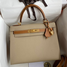 First-class Quality Hermes Kelly Sellier 28 Bicolor Bag in Trench and Gold Epsom Calfskin HMSD99H6XFA