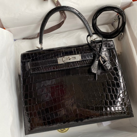 Hermes Kelly Sellier 28 Handmade Bag In Black Crocodile Niloticus Shiny Skin 1:1 Replica HMS1OD006A4