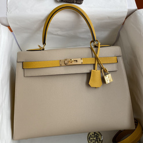 Knockoff Hermes Kelly Sellier 32 Bicolor Bag in Trench and Yellow Epsom Calfskin HMSXCYDND6E