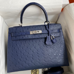 Cheap Hermes Kelly Sellier 32 Handmade Bag In Blue Iris Ostrich Leather HMS15UN4TQQ