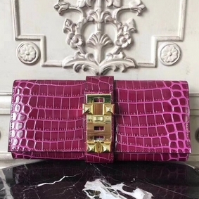 Imitation Hermes Medor Clutch Bag In Fuchsia Crocodile Leather HMS1E0E6B2T