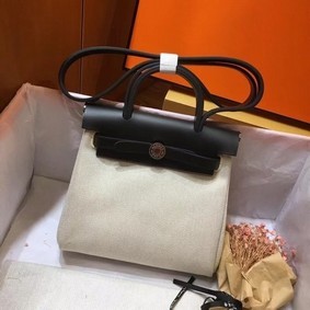 Best Quality Hermes mini Herbag Original Canvas Leather & Calfskin 45987 Offwhite&Black HMSTSGN3G1M