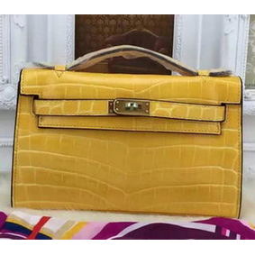 Knockoff Hermes MINI Kelly 22cm Tote Bag Croco Leather KL22 Yellow HMS7XYF23IN