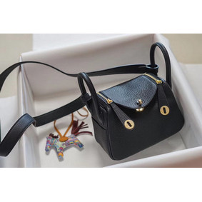Hermes mini Lindy Togo Leather Bag LD19 black&gold-Tone Metal Replica HMSWG6PAU62