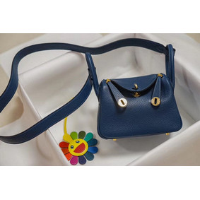 Knockoff Hermes mini Lindy Togo Leather Bag LD19 blue&gold-Tone Metal HMSH8RWFVZS