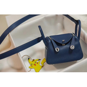 Imitation Hermes mini Lindy Togo Leather Bag LD19 blue&Silver-Tone Metal HMS132WLFQ6