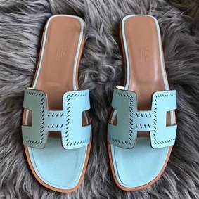Hermes Oran Perforated Sandals In Blue Atoll Epsom Leather Replica HMSY83UQ0OQ