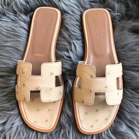 Hermes Oran Sandals In Beige Ostrich Leather 1:1 Replica HMS707L3R7L