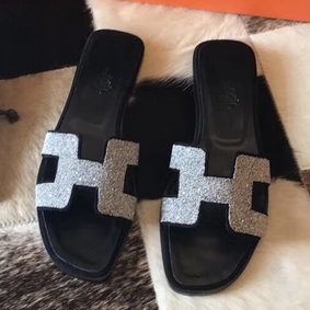 Hermes Oran Sandals In Black Suede With Crystal 1:1 Replica HMS14W2J119
