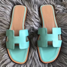 Replica Hermes Oran Sandals In Blue Atoll Swift Leather HMSH7W12524