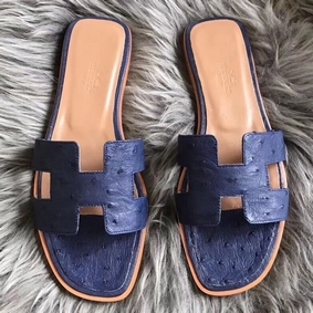 First-class Quality Hermes Oran Sandals In Blue Ostrich Leather HMSR126PB00