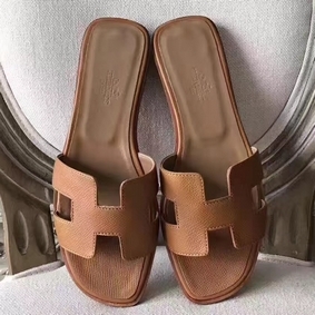 Replica Hermes Oran Sandals In Brown Epsom Leather HMSJVGN33V3