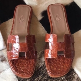 Hermes Oran Sandals In Orange Shiny Niloticus Crocodile Replica HMS1E4X012X