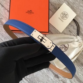 Hermes original epsom leather Kelly belt H069854 blue silver plated metal 1:1 Replica HMS241BV2G8
