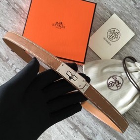 AAA Hermes original epsom leather Kelly belt H069854 brown silver plated metal HMS8V4RK131