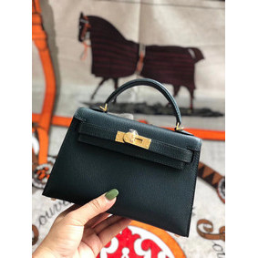 Fake Hermes original mini Kelly chevre mysore K19CM Blackish green&Gold Metal HMS2V694LDQ