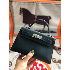 Knockoff Hermes original mini Kelly chevre mysore K19CM Blackish green&silver Metal HMSPF5MVJPH