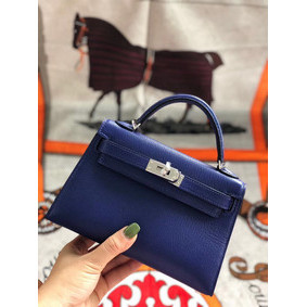Hermes original mini Kelly chevre mysore K19CM blue&silver Metal Replica HMSR24OFZ0G