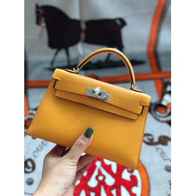 Hermes original mini Kelly chevre mysore K19CM Mango yellow&silver Metal Top Replica HMSLV7MG4NK