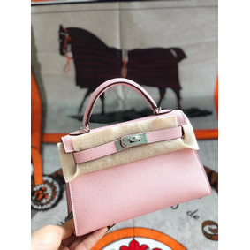 First-class Quality Hermes original mini Kelly chevre mysore K19CM pink&silver Metal HMSOZZ86J1E