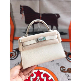 Hermes original mini Kelly chevre mysore K19CM white&silver Metal Replica HMS2V8KZE39