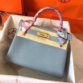 Hermes original Togo leather kelly bag KL320 light blue Top Replica HMSKSMI2QL4