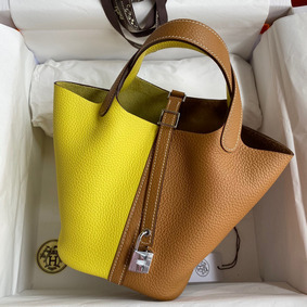 Cheap Hermes Picotin Lock 18 Bicolor Handmade Bag in Lime and Gold Clemence Leather HMS44887654