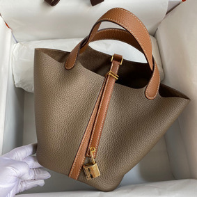 Copy Hermes Picotin Lock 18 Bicolor Handmade Bag in Taupe and Gold Clemence Leather HMSBVSVX1B4