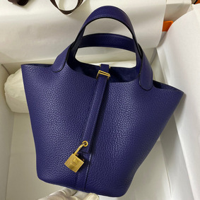 Imitation Hermes Picotin Lock 18 Handmade Bag in Blue Encre Clemence Leather HMSS1BAAGO8
