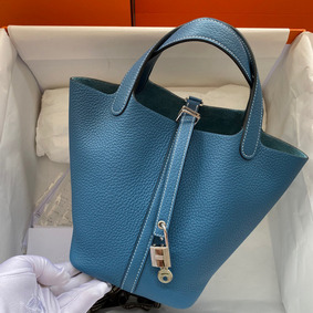 Best Quality Hermes Picotin Lock 22 Handmade Bag in Blue Jean Clemence Leather HMS6RB7K51A