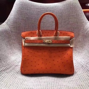 Hermes Real ostrich leather birkin bag BK35 orange Top Replica HMS5MD2T3OA