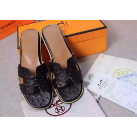 Replica Hermes Slipper Ostrich Leather HO0486 Black HMS4412503L