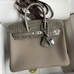 Copy Hermes Touch Birkin 25 Bag In Gris Asphalt Shiny Niloticus Crocodile Skin HMSZ0745SC9