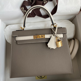 Imitation Hermes Kelly Sellier 25 Bicolor Bag in Taupe and Craie Epsom Calfskin HMSFKU9QYZN