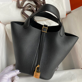 Imitation Hermes Picotin Lock 18 Handmade Bag in Black Clemence Leather HMS502X09GL