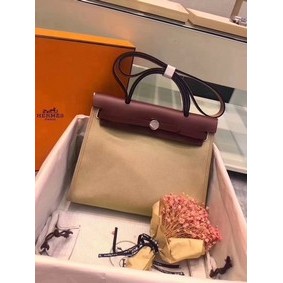 Hermes Herbag 31CM Original Canvas Leather & Calfskin 45987 Offwhite&Wine Top Replica HMS125LKP6I