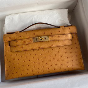 Hermes Kelly Pochette Handmade Bag In Sesame Ostrich Leather Replica HMSU7NDKI1P