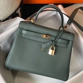 Hermes Kelly 25cm Retourne Bag In Vert Amande Clemence Leather 1:1 Replica HMSN6FQV97R