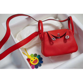 Hermes mini Lindy Togo Leather Bag LD19 red&Silver-Tone Metal Replica HMSU9319H37