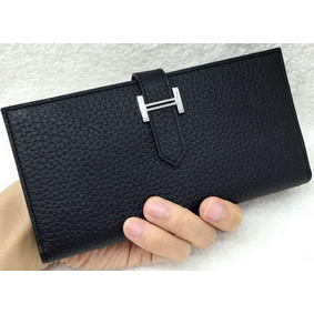 Hermes Bearn Japonaise Bi-Fold Wallet Litchi Leather A208 Black Top Replica HMSMCMH6HBE